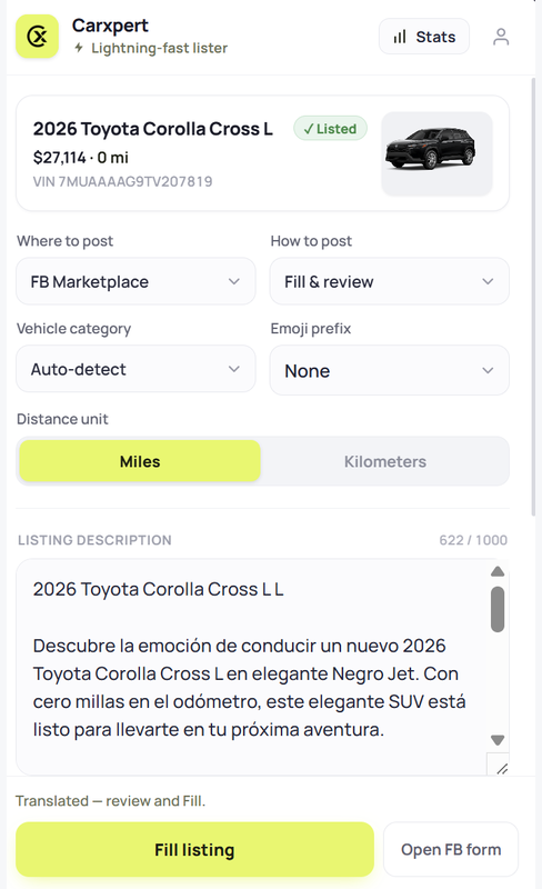 CarXprt Lister extension panel with a selected vehicle, marketplace and posting-mode choices, vehicle category, distance unit and an editable listing description.